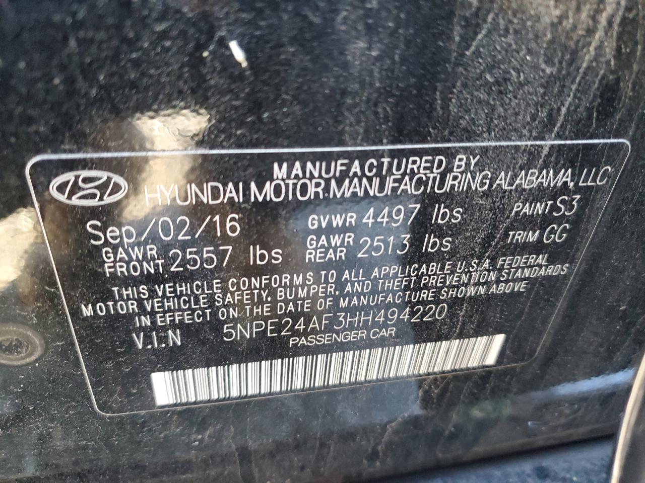 2017 HYUNDAI SONATA SE 2.4L  4(VIN: 5NPE24AF3HH494220