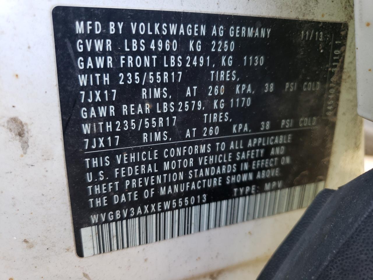 WVGBV3AXXEW555013 2014 Volkswagen Tiguan S