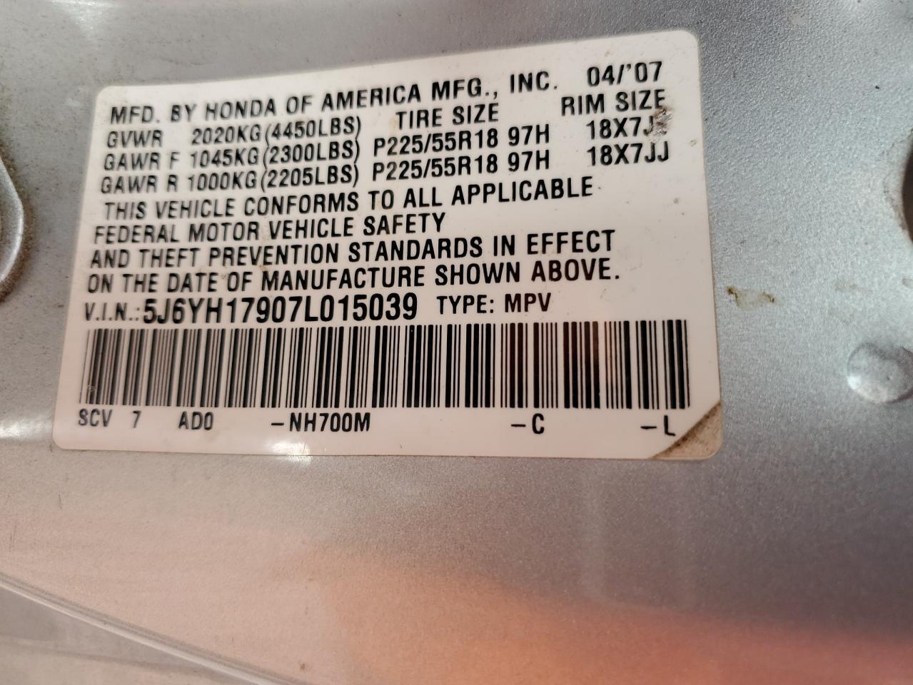 5J6YH17907L015039 2007 Honda Element Sc