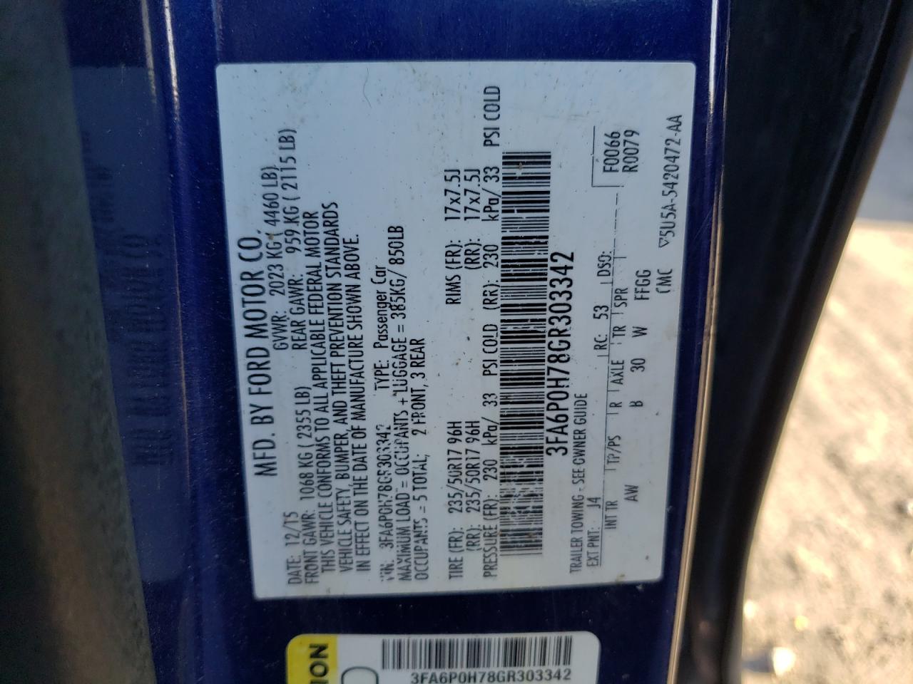 3FA6P0H78GR303342 FORD FUSION 2016