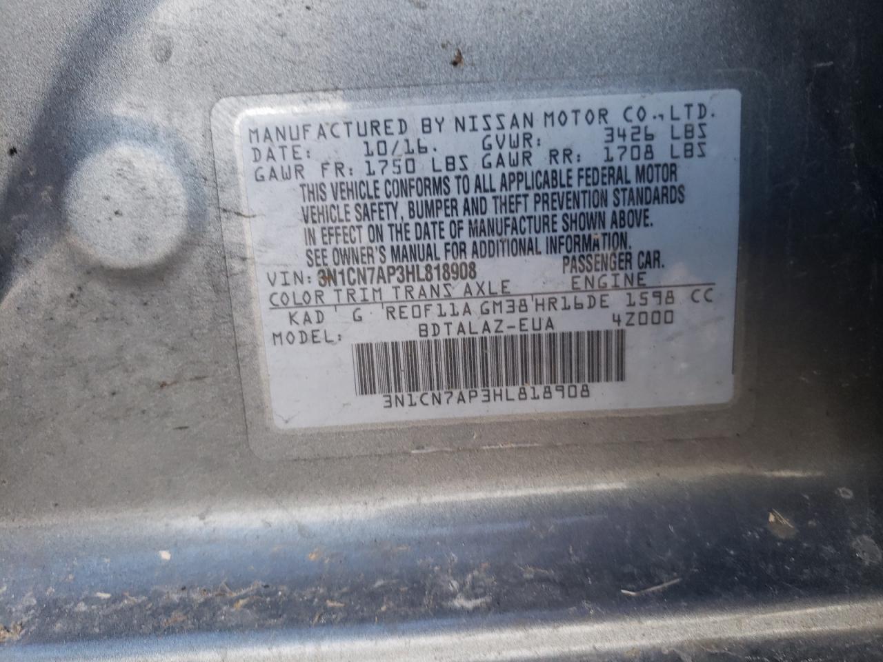 3N1CN7AP3HL818908 2017 Nissan Versa S