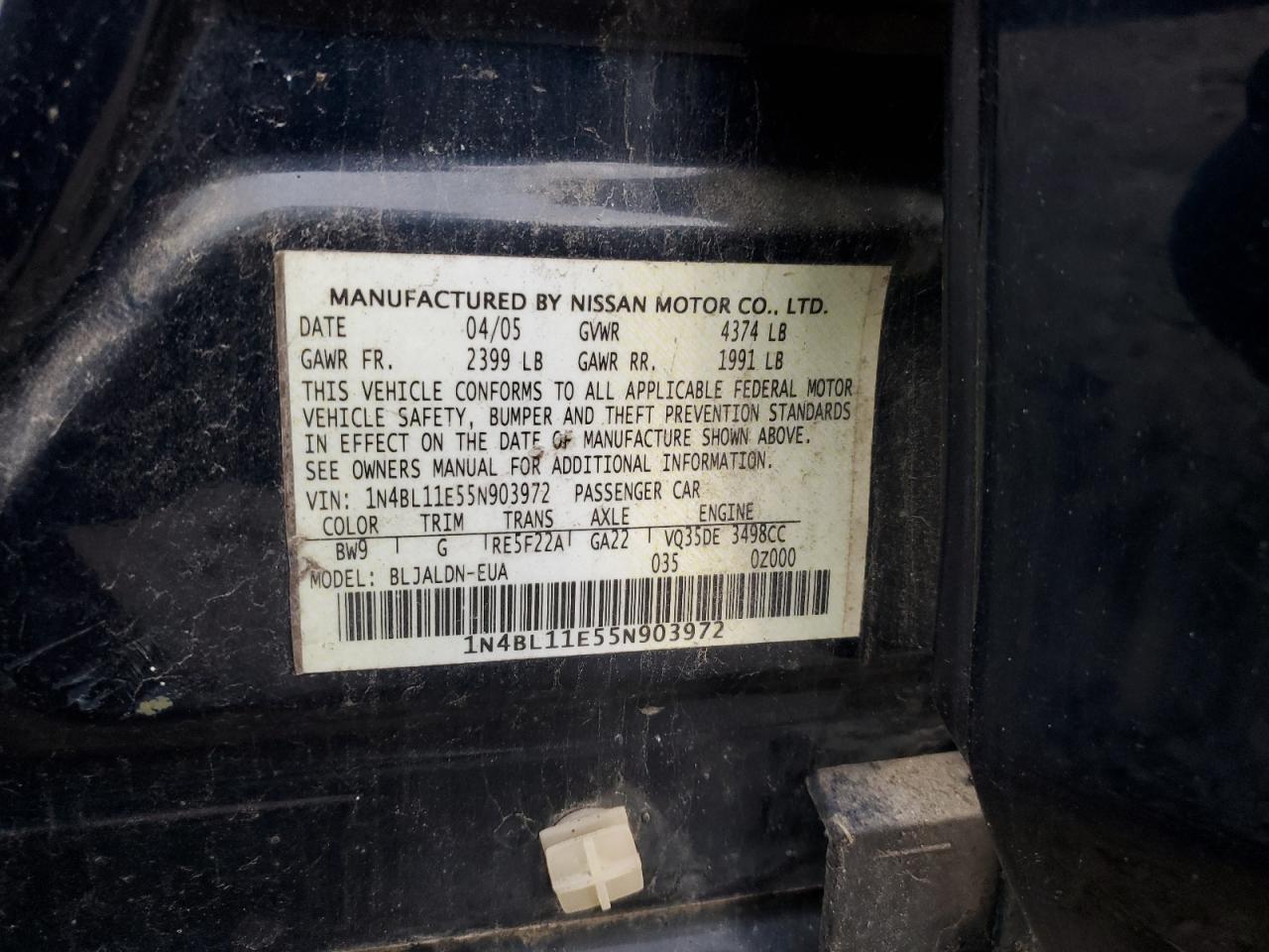 1N4BL11E55N903972 2005 Nissan Altima Se