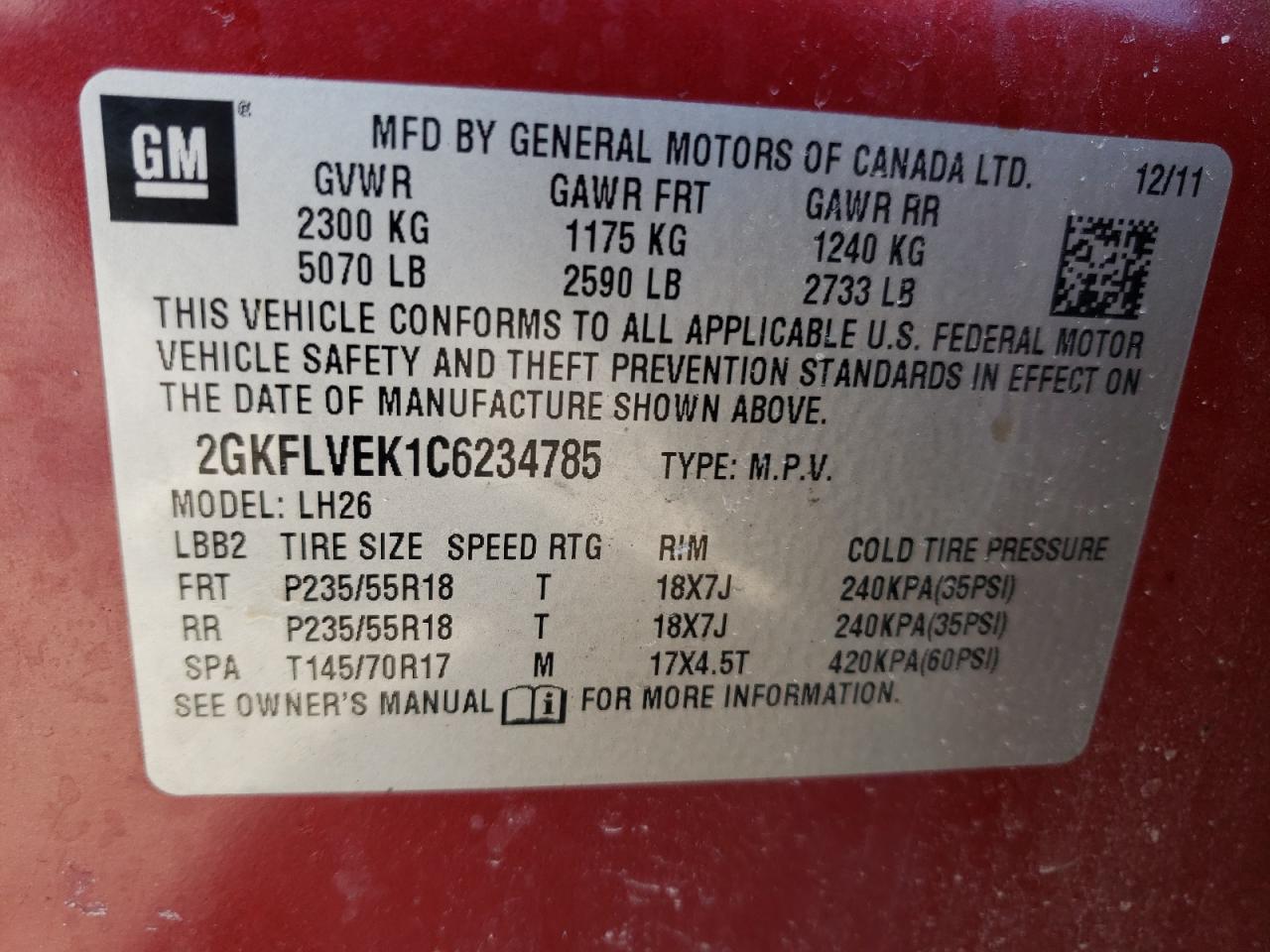 2GKFLVEK1C6234785 2012 GMC Terrain Slt