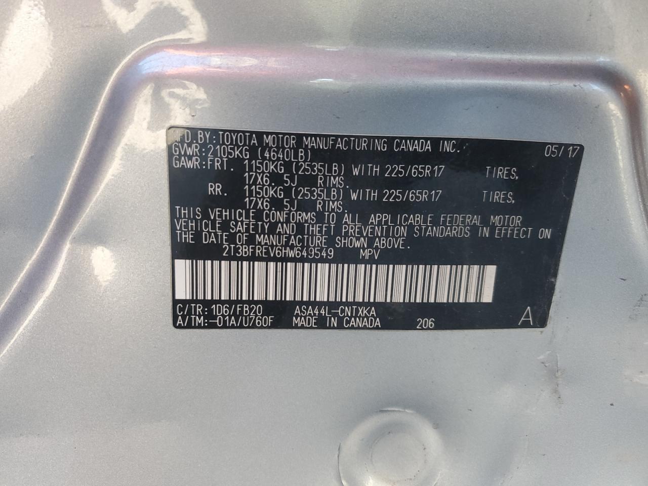 2T3BFREV6HW649549 2017 Toyota Rav4 Le