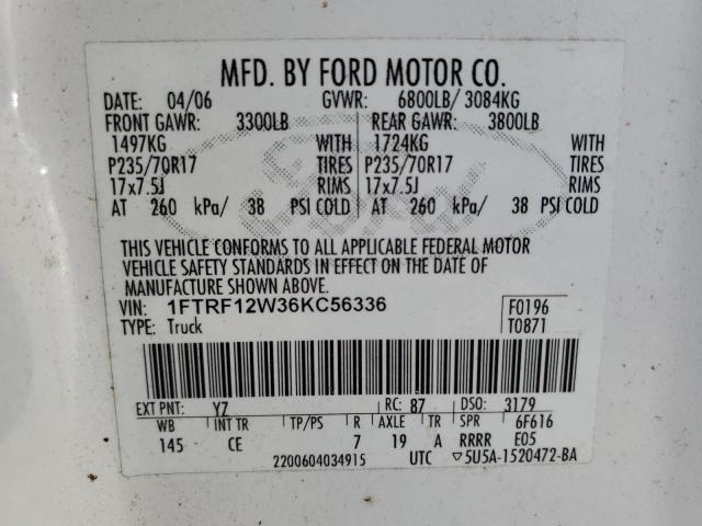 2006 Ford F150 VIN: 1FTRF12W36KC56336 Lot: 43671974