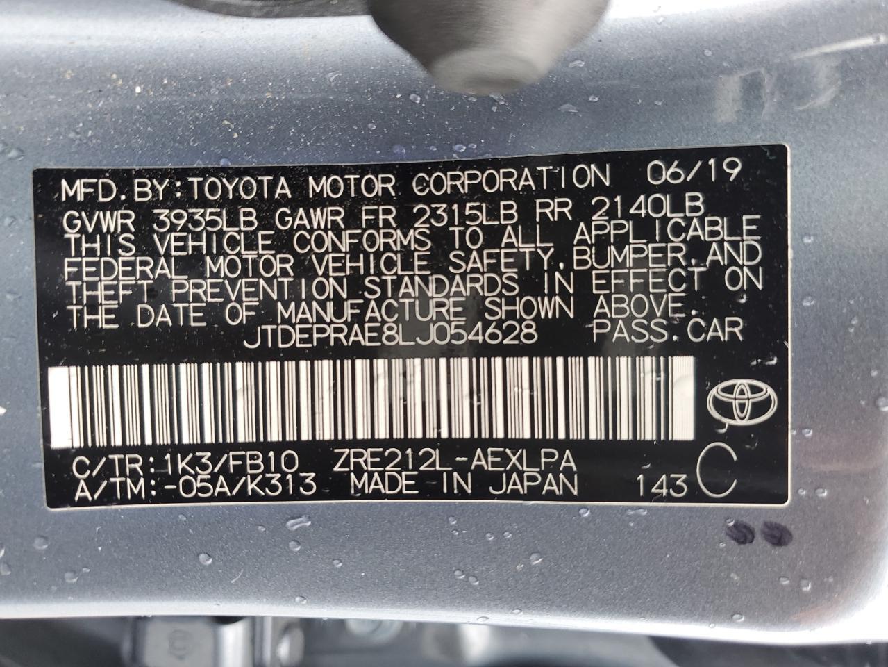 JTDEPRAE8LJ054628 2020 Toyota Corolla Le