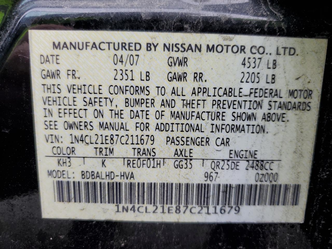 1N4CL21E87C211679 2007 Nissan Altima Hybrid