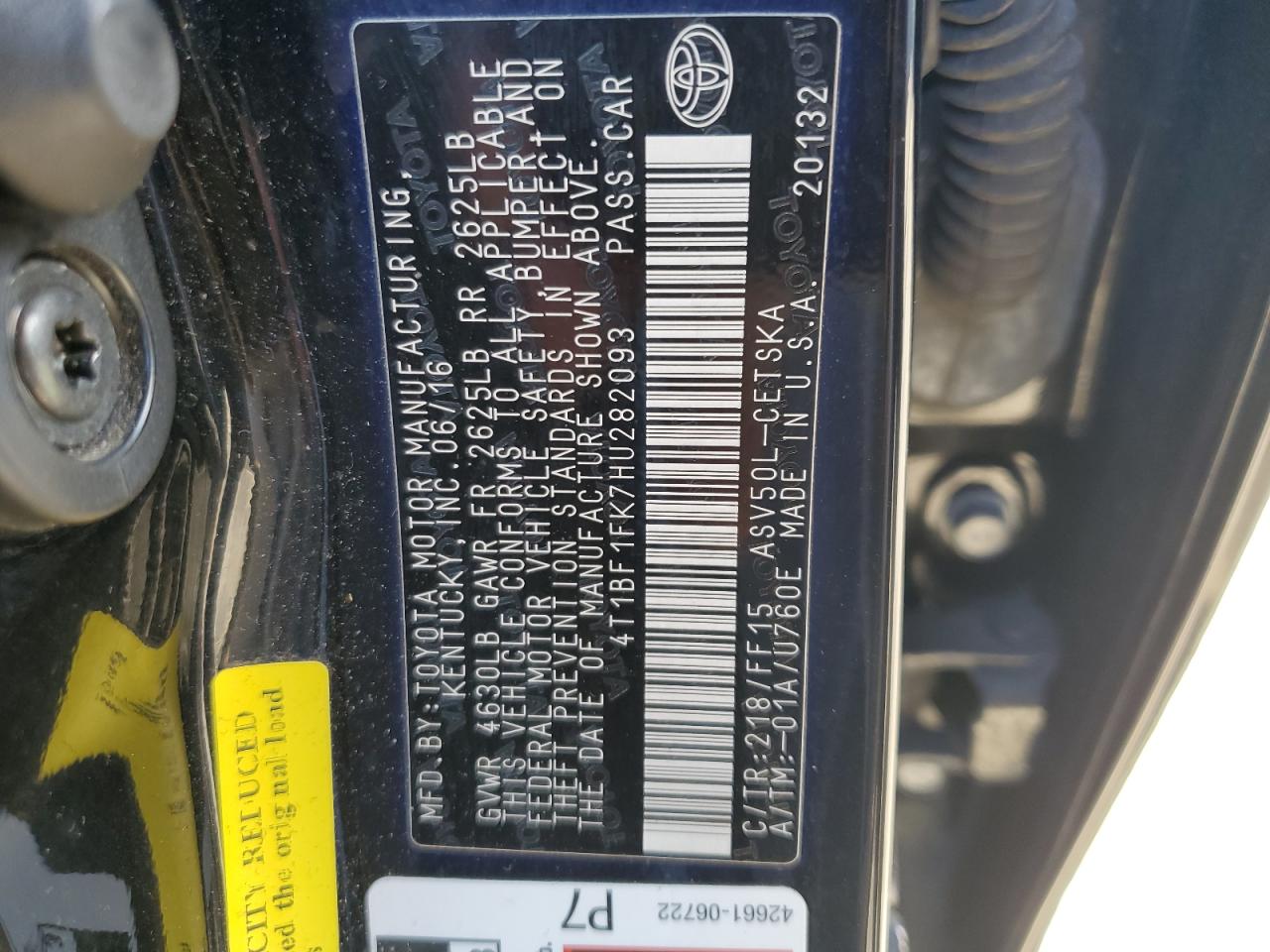 4T1BF1FK7HU282093 TOYOTA CAMRY 2017
