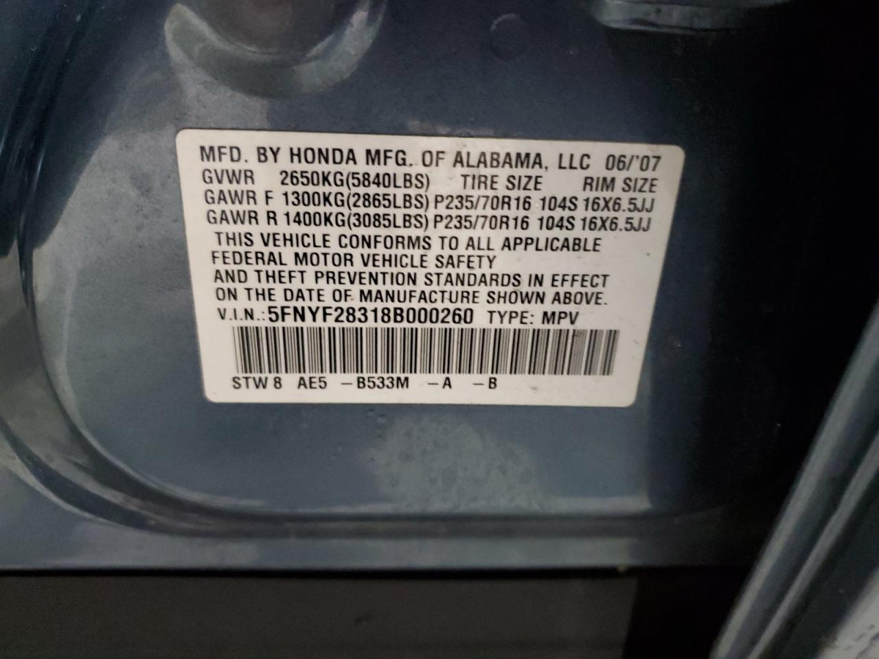 5FNYF28318B000260 2008 Honda Pilot Se