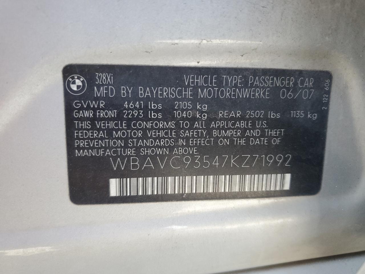 WBAVC93547KZ71992 2007 BMW 328 Xi