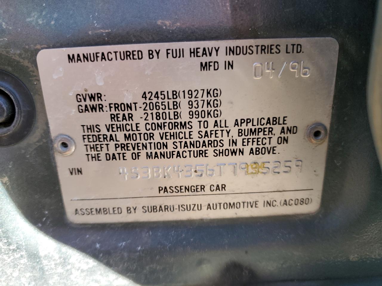 4S3BK4356T7935259 1996 Subaru Legacy L