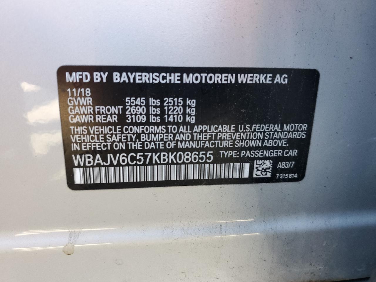 2019 BMW 640 Xigt 3.0L(VIN: WBAJV6C57KBK08655
