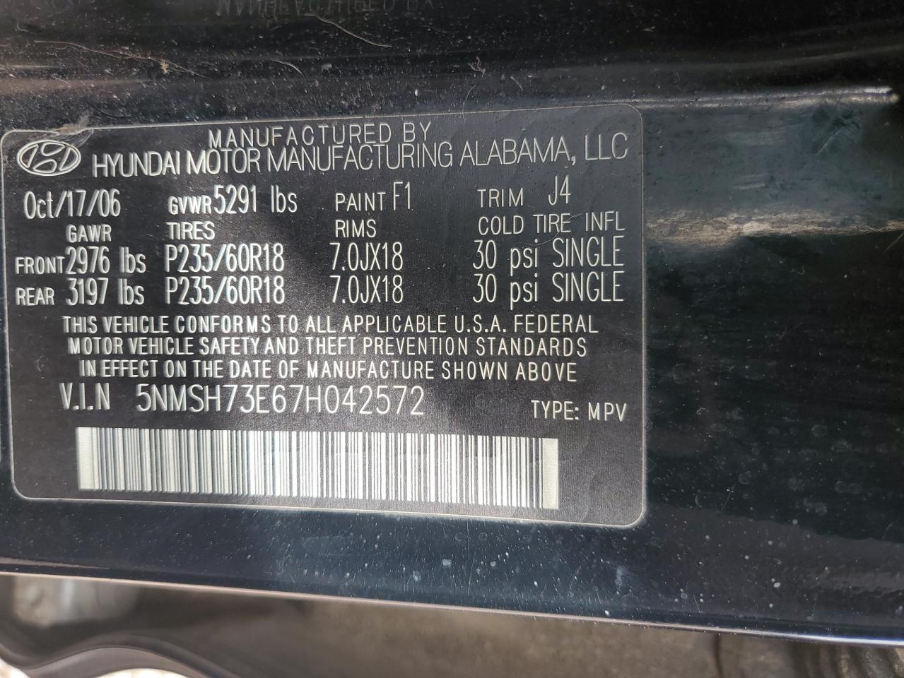 5NMSH73E67H042572 2007 Hyundai Santa Fe Se