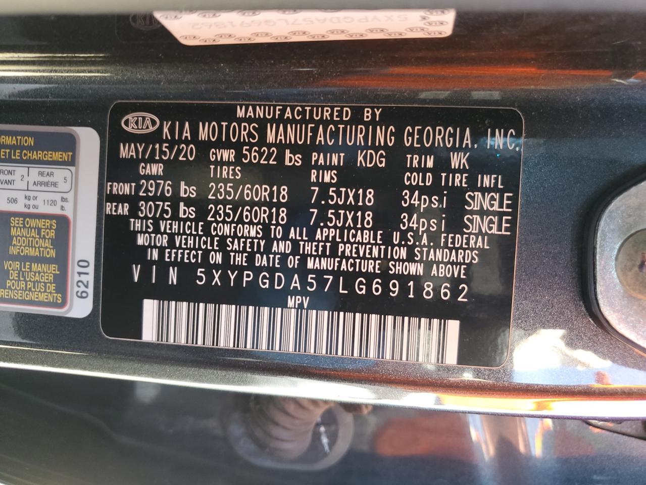 5XYPGDA57LG691862 2020 Kia Sorento S