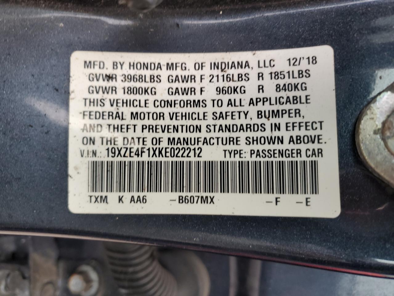 19XZE4F1XKE022212 2019 Honda Insight Lx