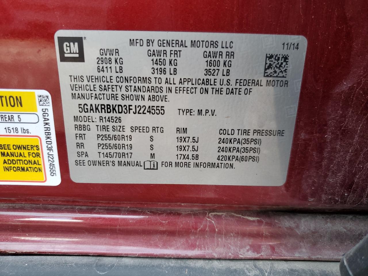 5GAKRBKD3FJ224555 2015 Buick Enclave