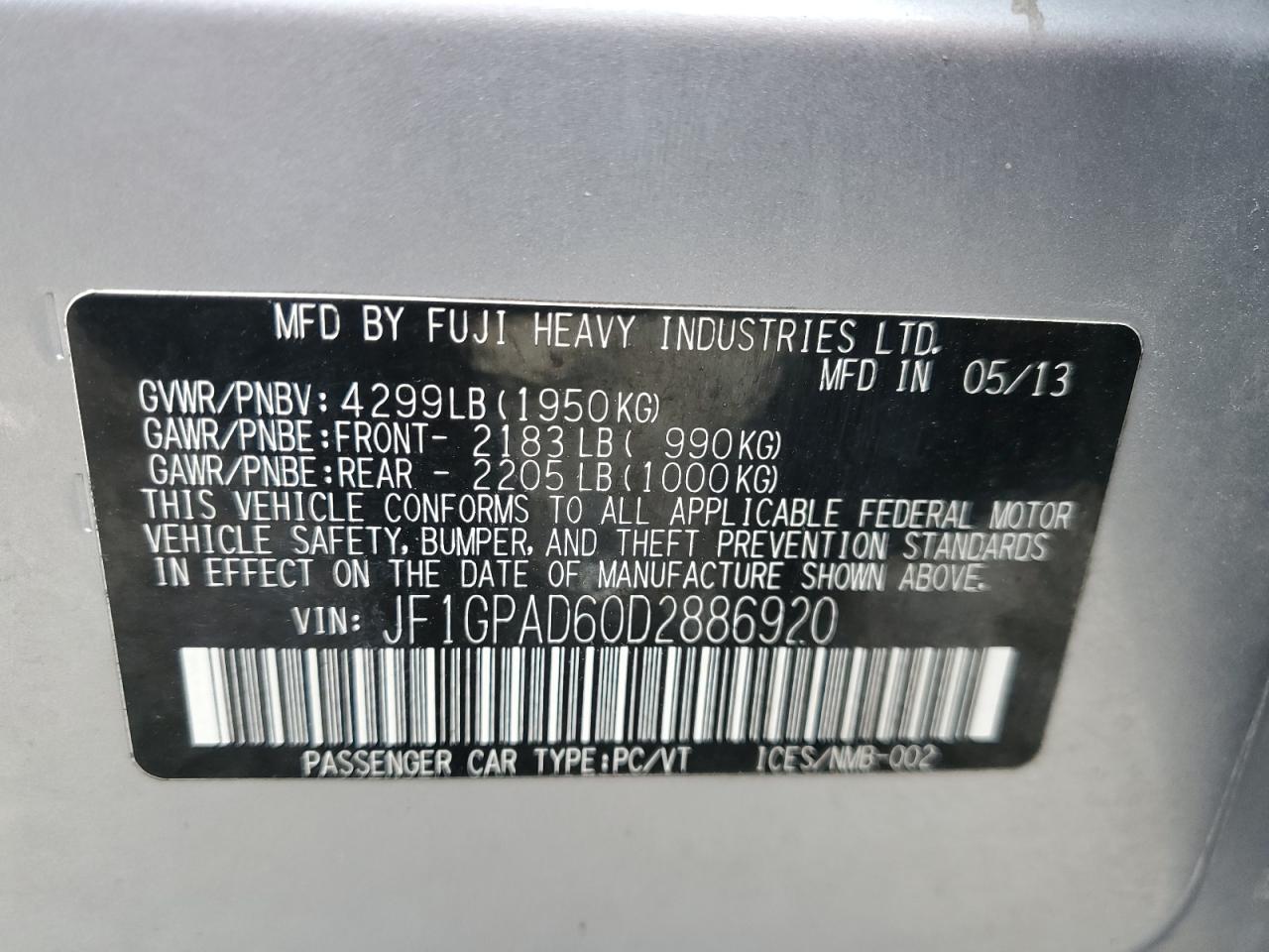 JF1GPAD60D2886920 2013 Subaru Impreza Premium