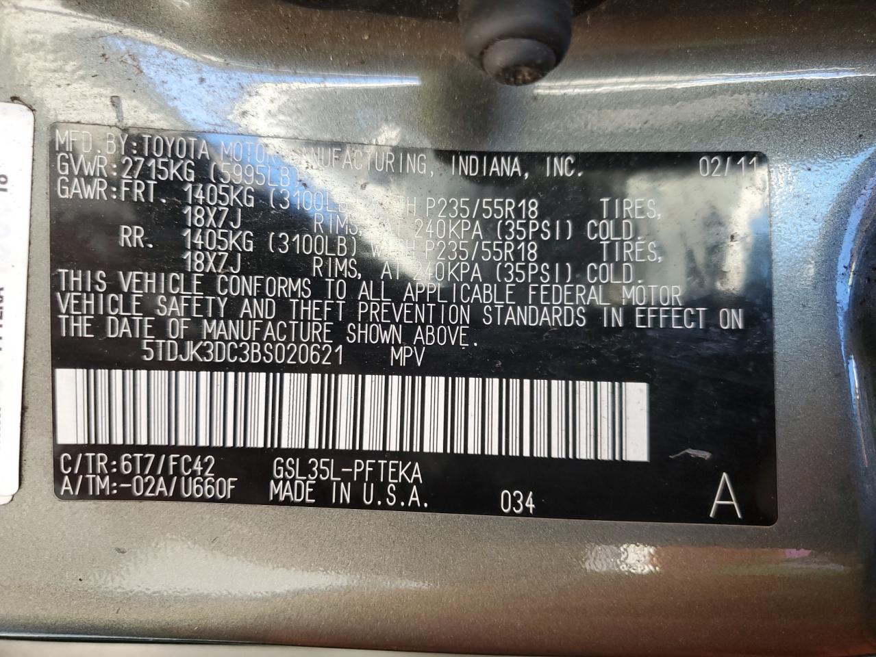 5TDJK3DC3BS020621 2011 Toyota Sienna Le