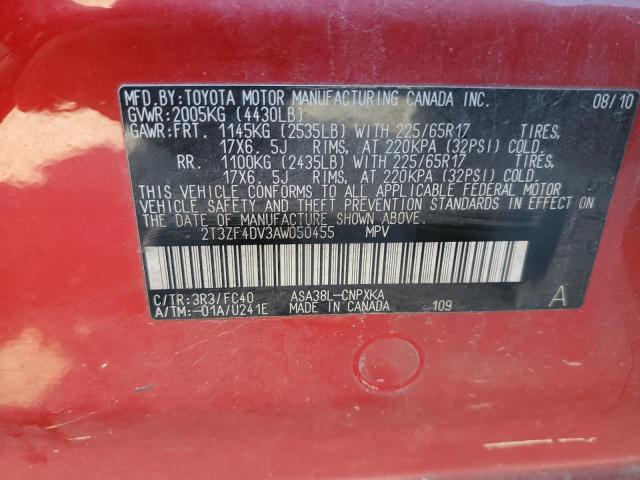 2010 Toyota Rav4 VIN: 2T3ZF4DV3AW050455 Lot: 43607874