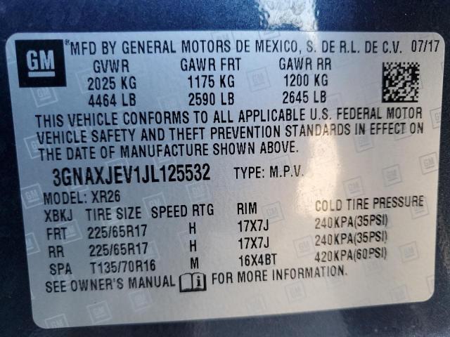 2018 CHEVROLET EQUINOX LT 3GNAXJEV1JL125532