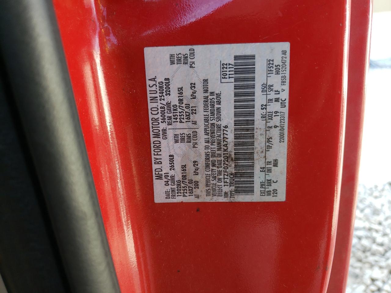 1FTZF07201KA77776 2001 Ford F150