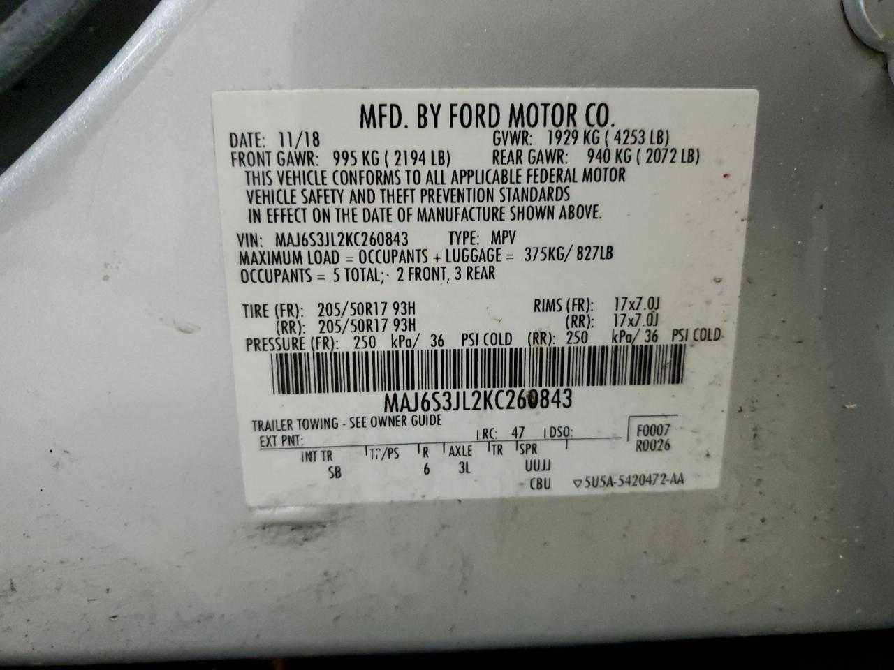 MAJ6S3JL2KC260843 2019 Ford Ecosport Ses