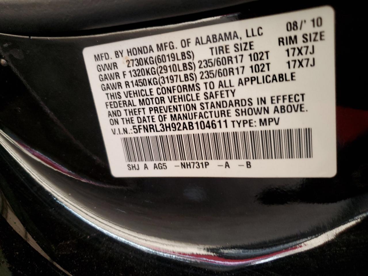 5FNRL3H92AB104611 2010 Honda Odyssey Touring