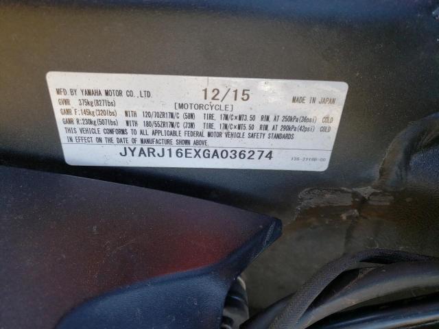 2016 YAMAHA YZFR6 JYARJ16EXGA036274
