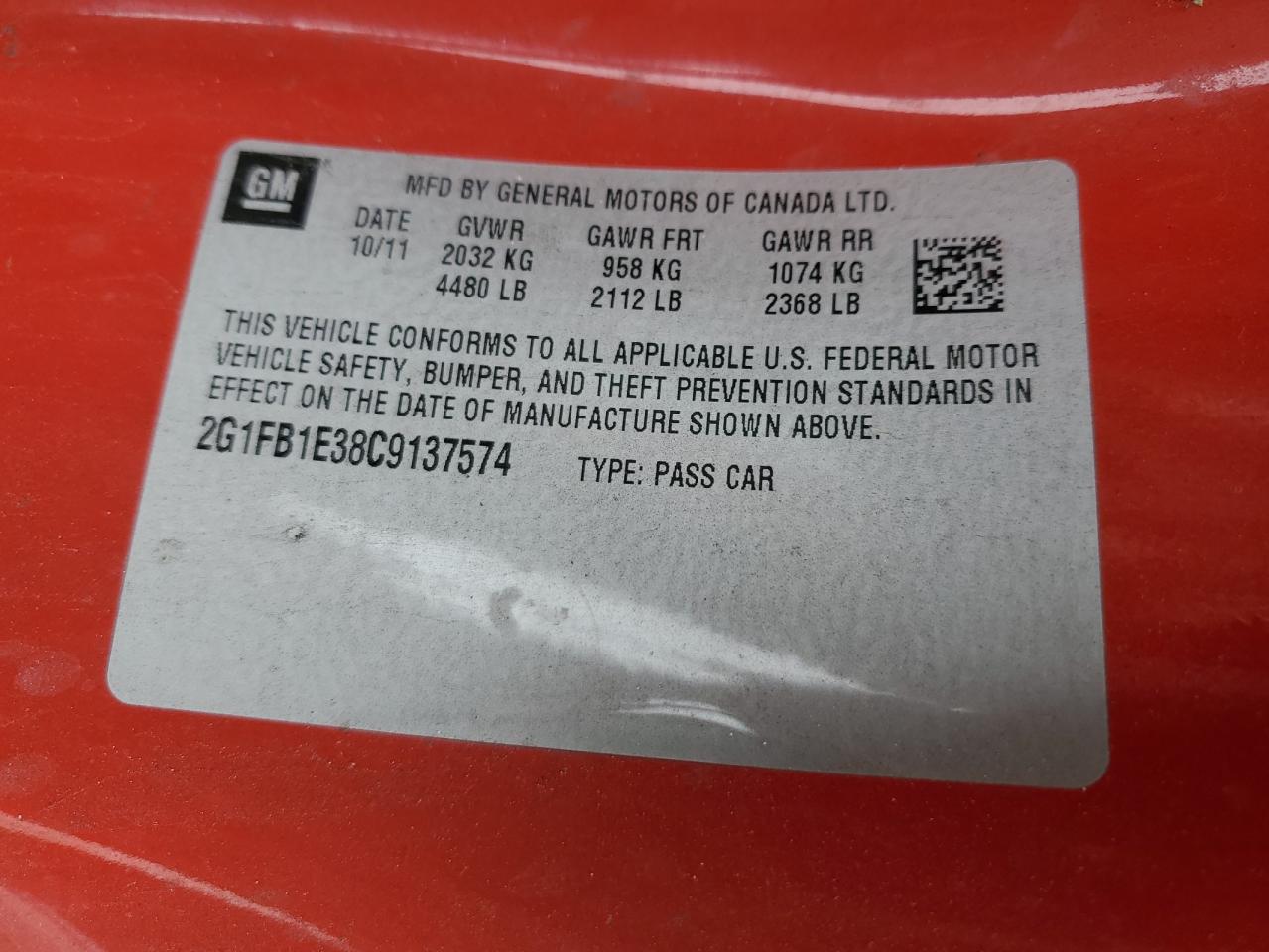 2G1FB1E38C9137574 2012 Chevrolet Camaro Lt