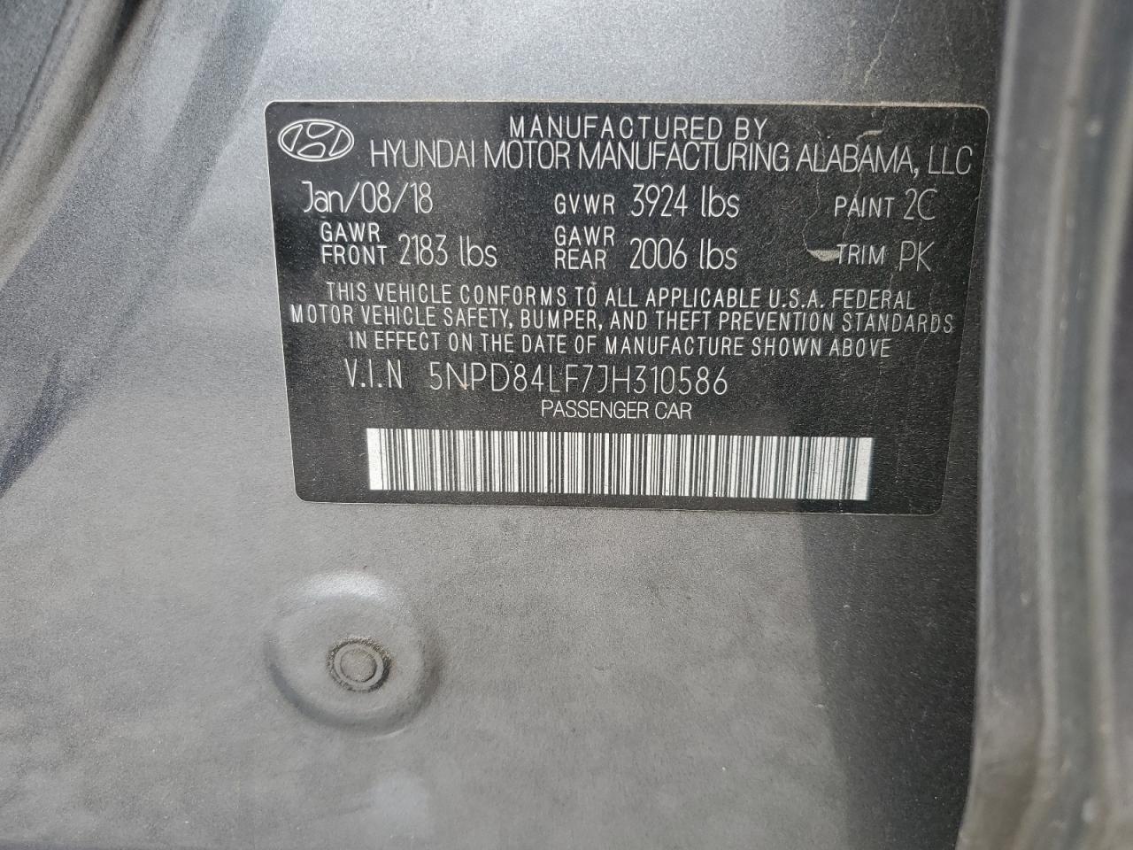 5NPD84LF7JH310586 2018 Hyundai Elantra Sel