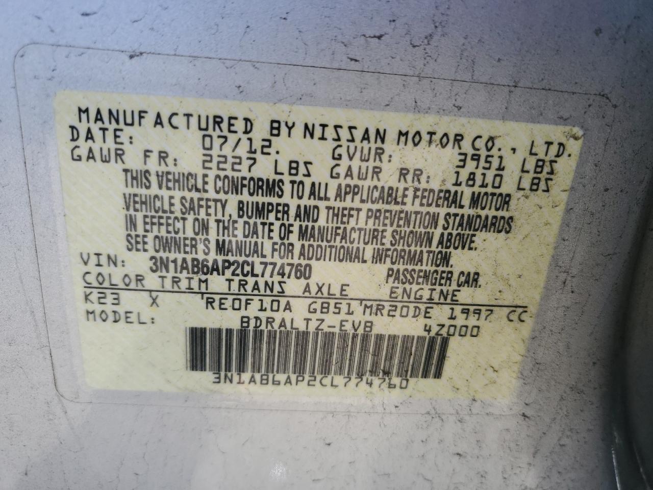 3N1AB6AP2CL774760 2012 Nissan Sentra 2.0