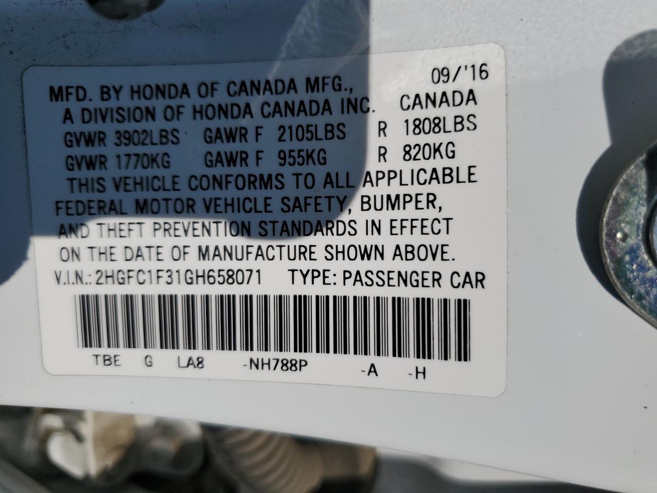 2HGFC1F31GH658071 HONDA CIVIC 2016