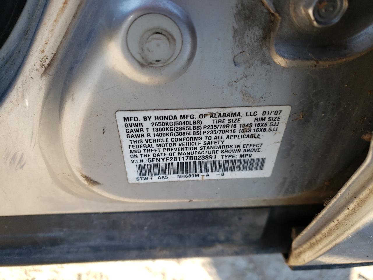 5FNYF28117B023891 2007 Honda Pilot Lx