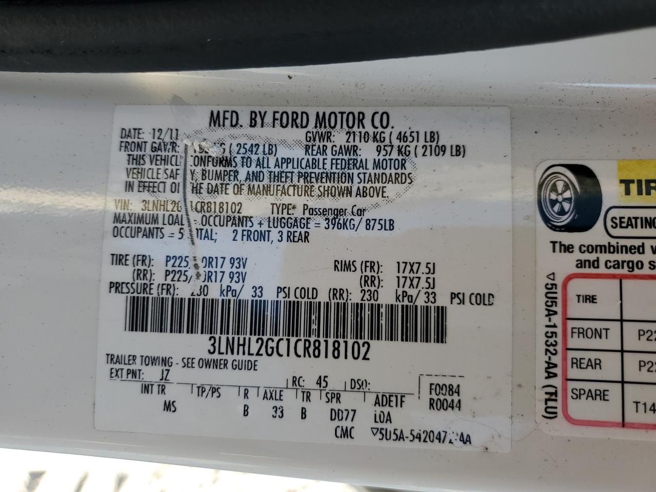 3LNHL2GC1CR818102 2012 Lincoln Mkz