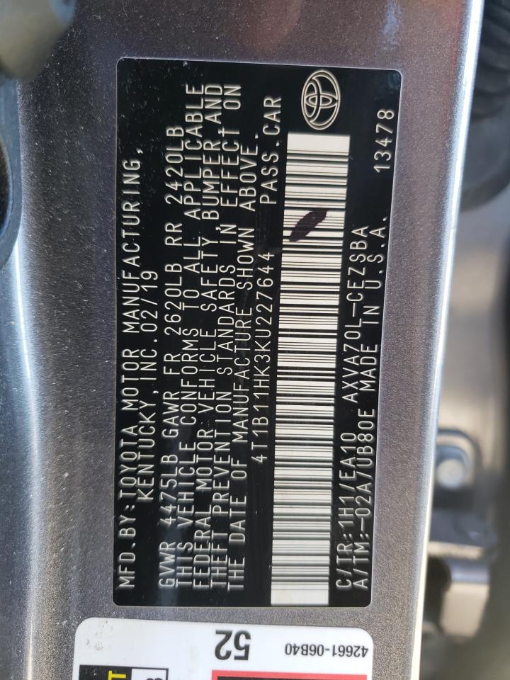 4T1B11HK3KU227644 2019 Toyota Camry L