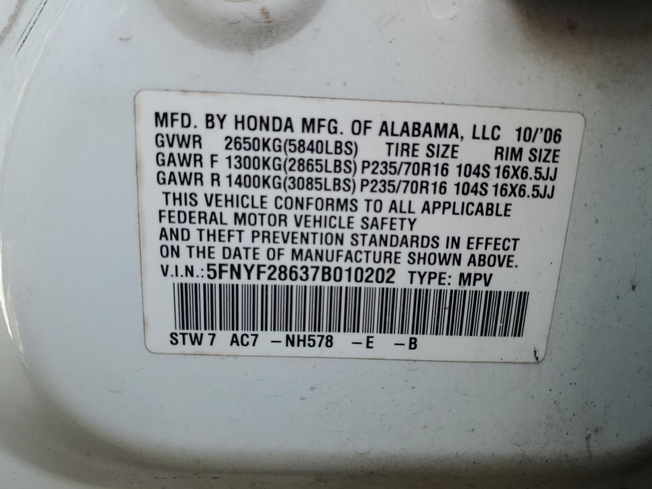 5FNYF28637B010202 2007 Honda Pilot Exl