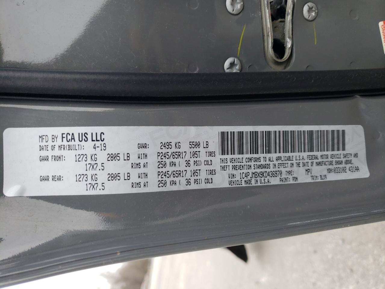 1C4PJMBX9KD436970 2019 Jeep Cherokee Trailhawk