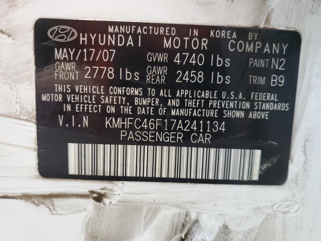 KMHFC46F17A241134 2007 Hyundai Azera Se