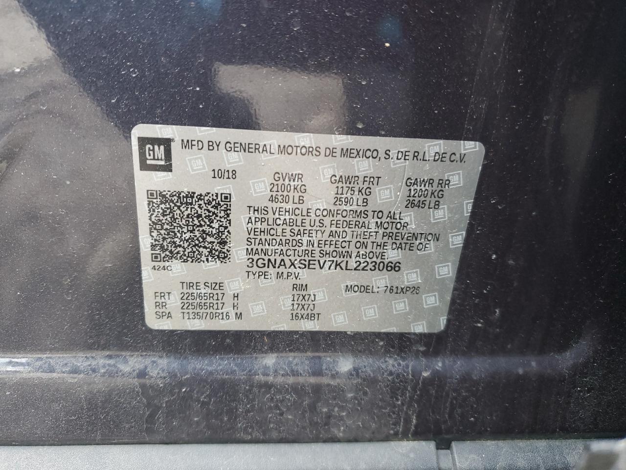 3GNAXSEV7KL223066 CHEVROLET EQUINOX 2019