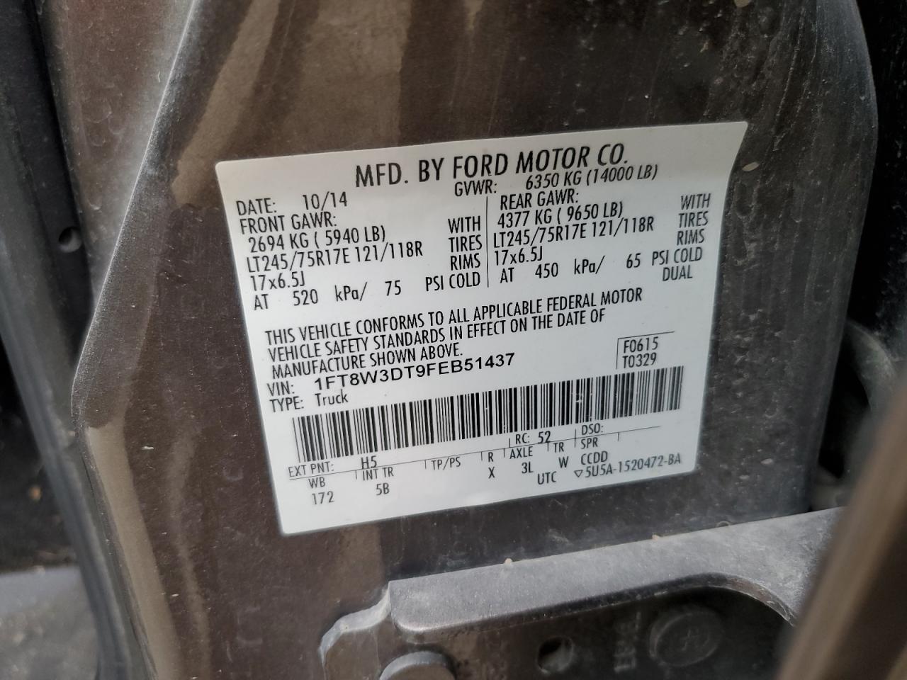 1FT8W3DT9FEB51437 2015 Ford F350 Super Duty