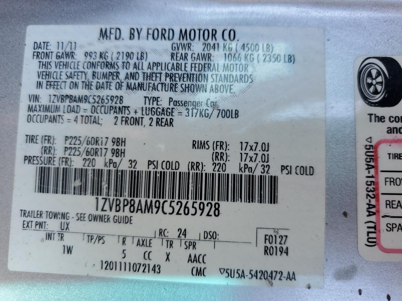 1ZVBP8AM9C5265928 2012 Ford Mustang