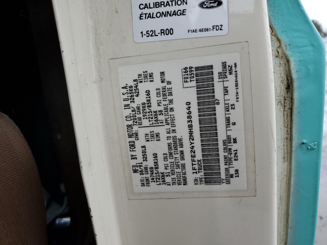 1ftfe24y2mhb38640 1FTFE24Y2MHB38640 1991 Ford Econoline E250 Van
