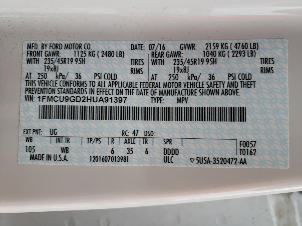 1FMCU9GD2HUA91397 FORD ESCAPE 2017