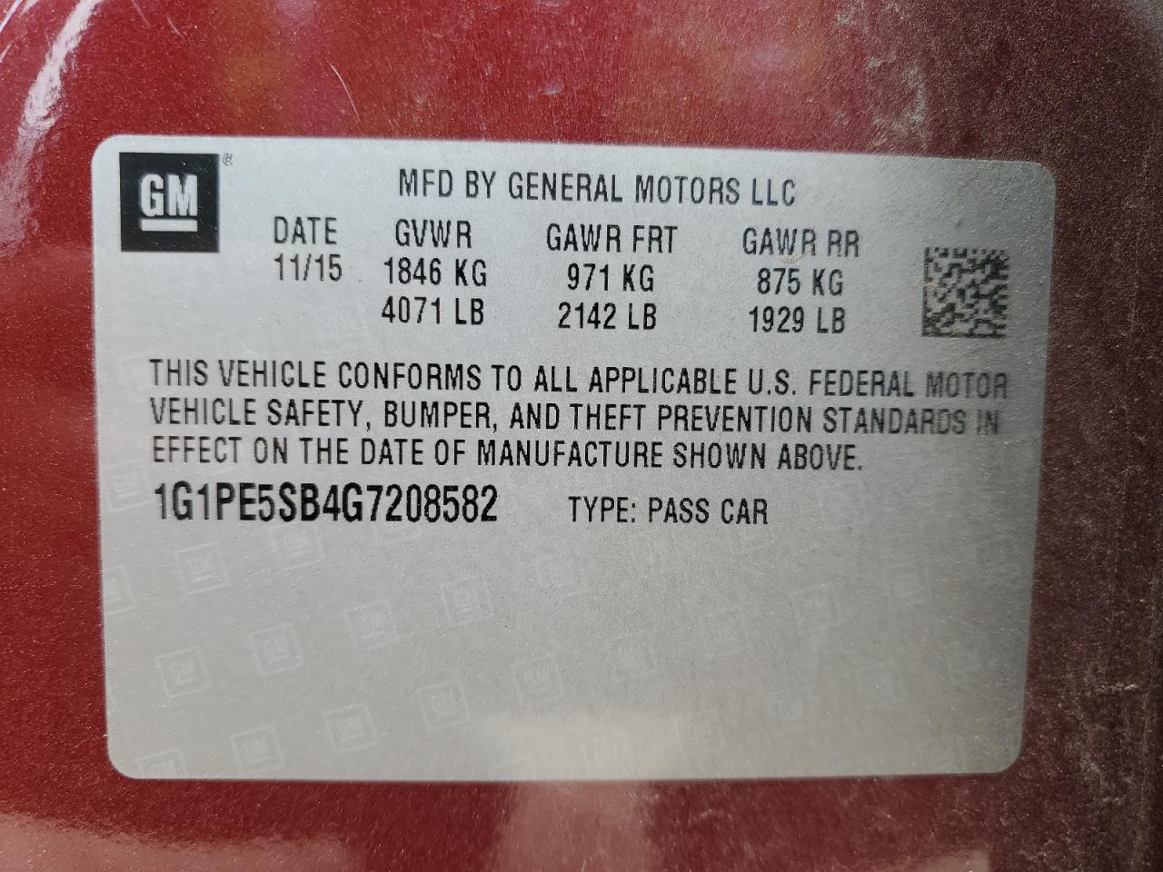 1G1PE5SB4G7208582 CHEVROLET CRUZE 2016