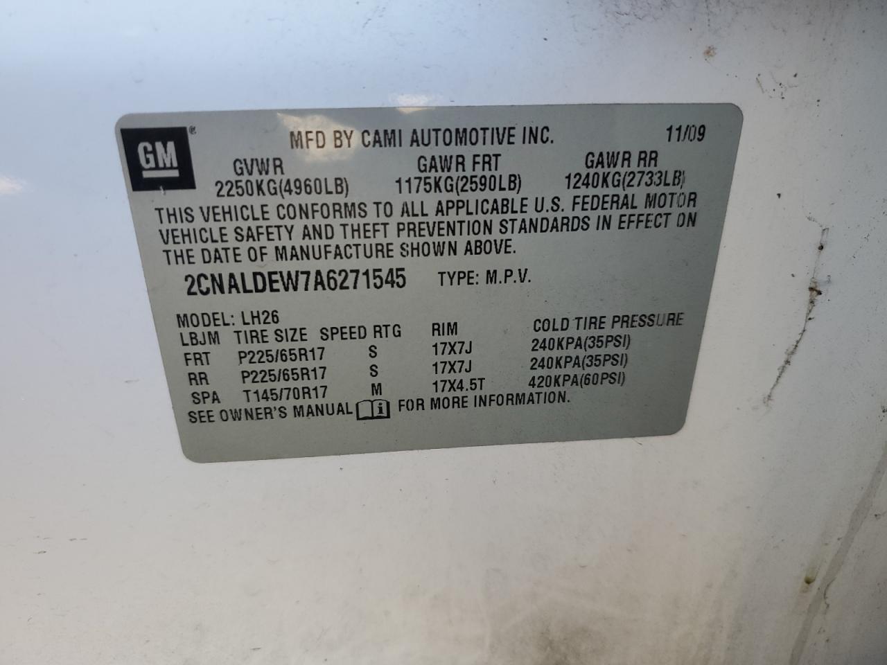 2CNALDEW7A6271545 2010 Chevrolet Equinox Lt