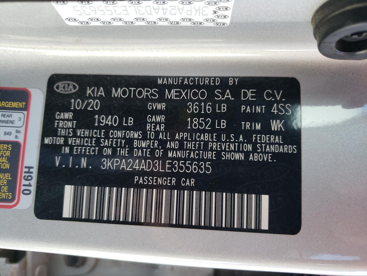 3KPA24AD3LE355635 2020 Kia Rio Lx