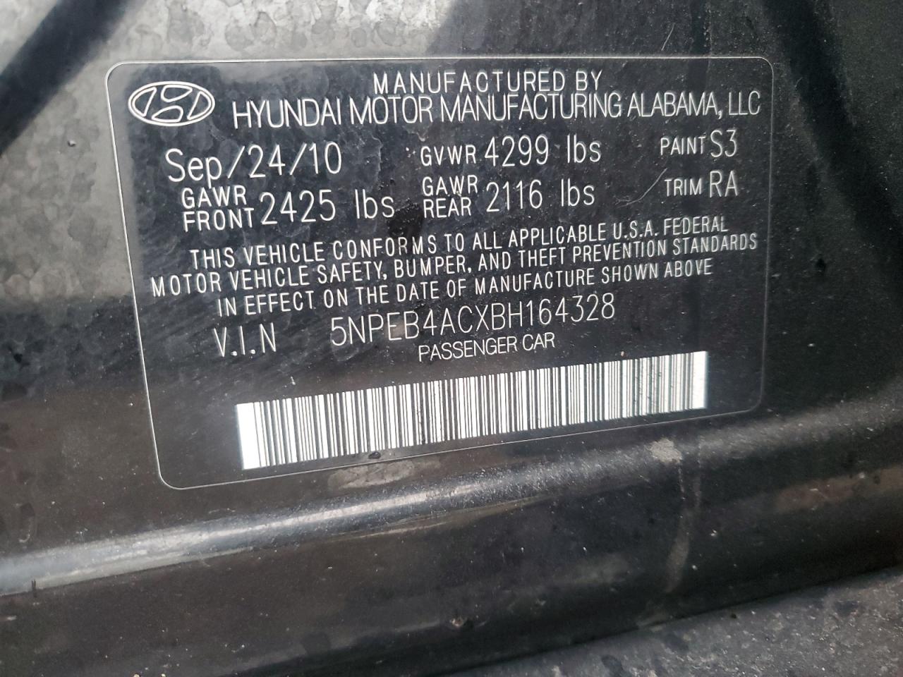 5NPEB4ACXBH164328 2011 Hyundai Sonata Gls