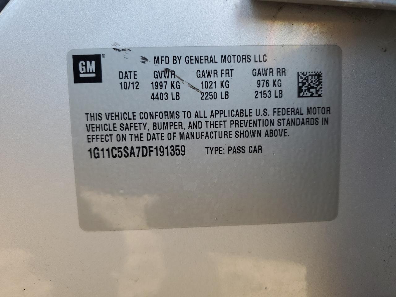 1G11C5SA7DF191359 2013 Chevrolet Malibu 1Lt