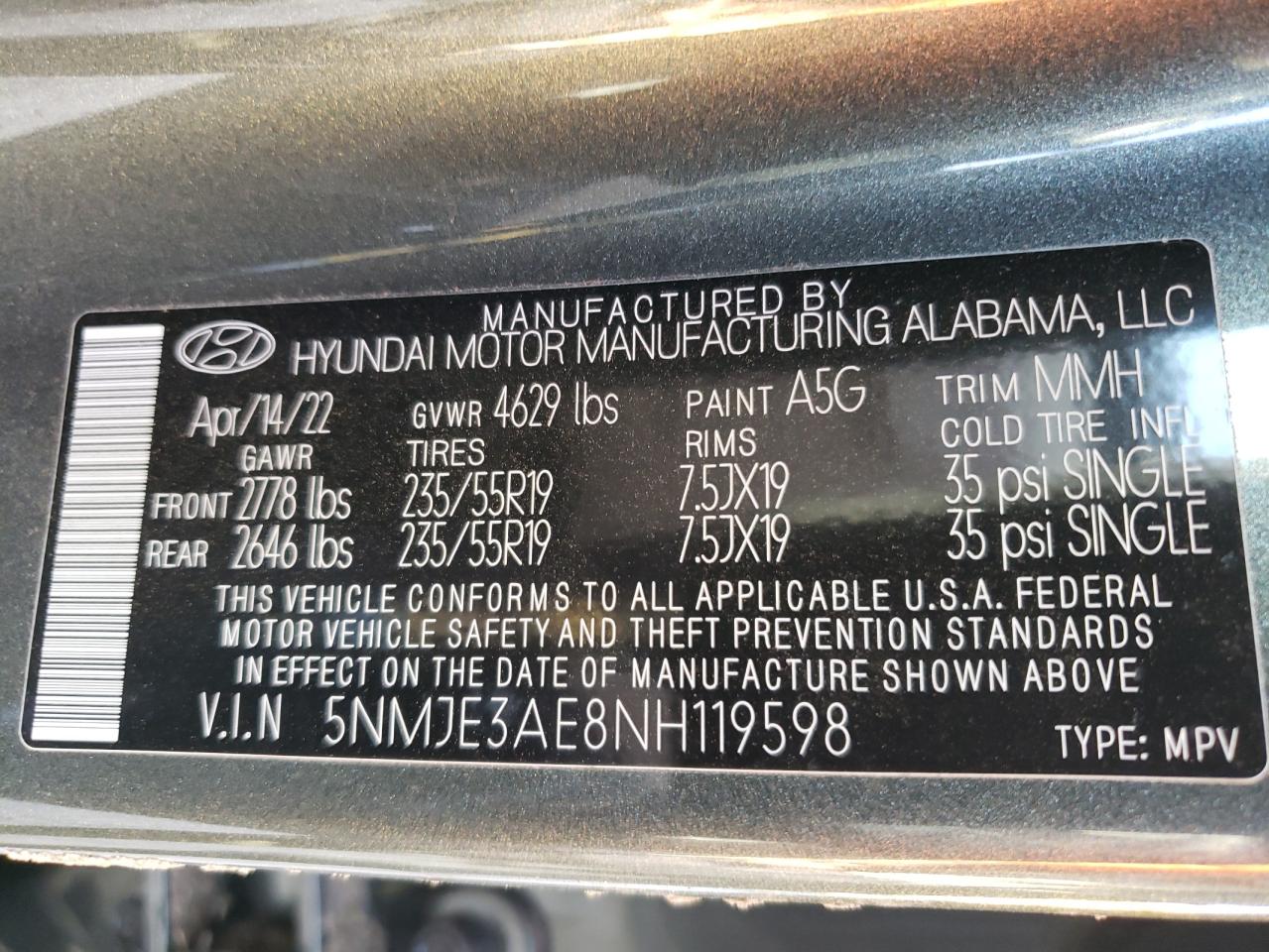 5NMJE3AE8NH119598 2022 Hyundai Tucson Limited