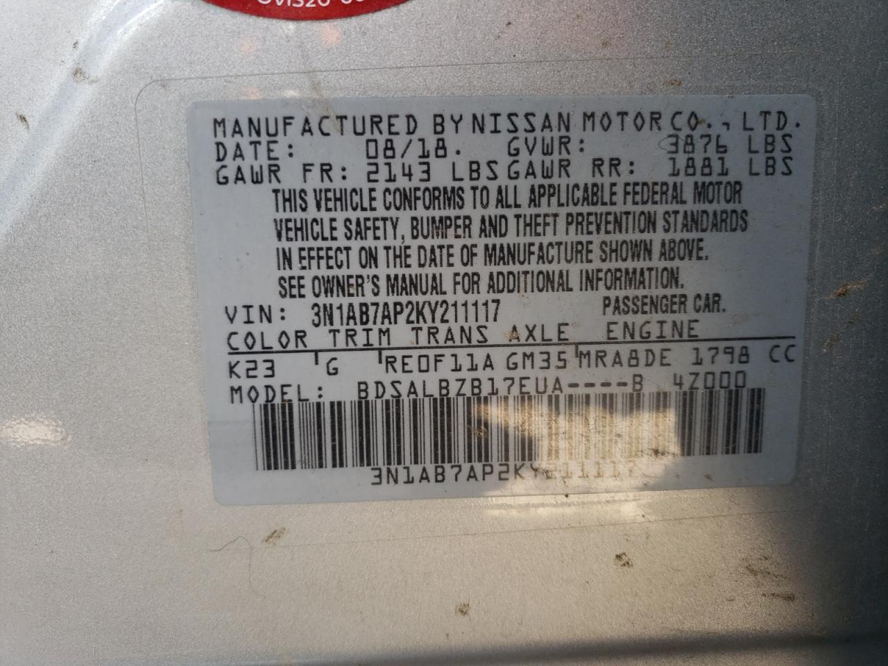 3N1AB7AP2KY211117 NISSAN SENTRA 2019